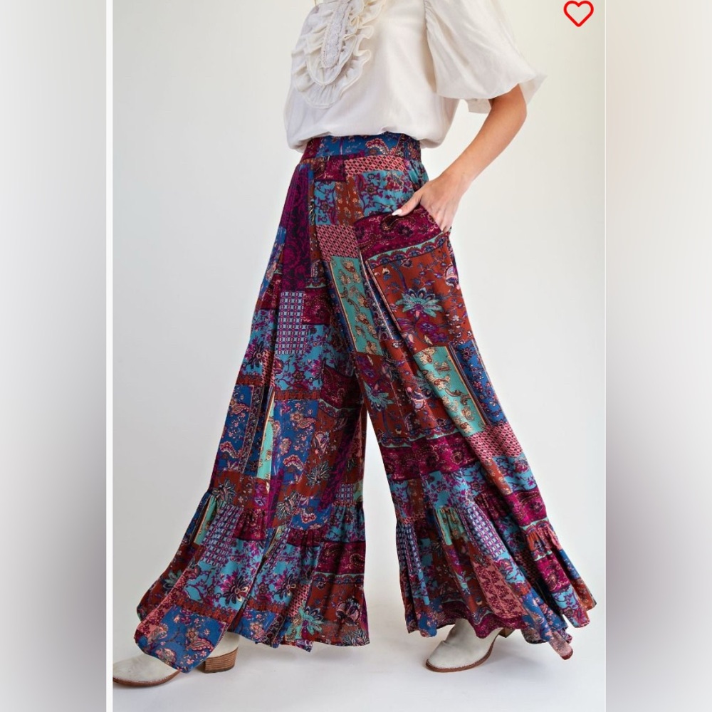 Easel Sage Brown patchwork ruffle hem Pallazo PLUS SIZE Pants in plum & green